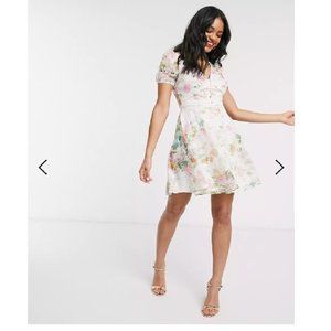 Lipsy chiffon broderie mini skater dress in soft floral print-Cream